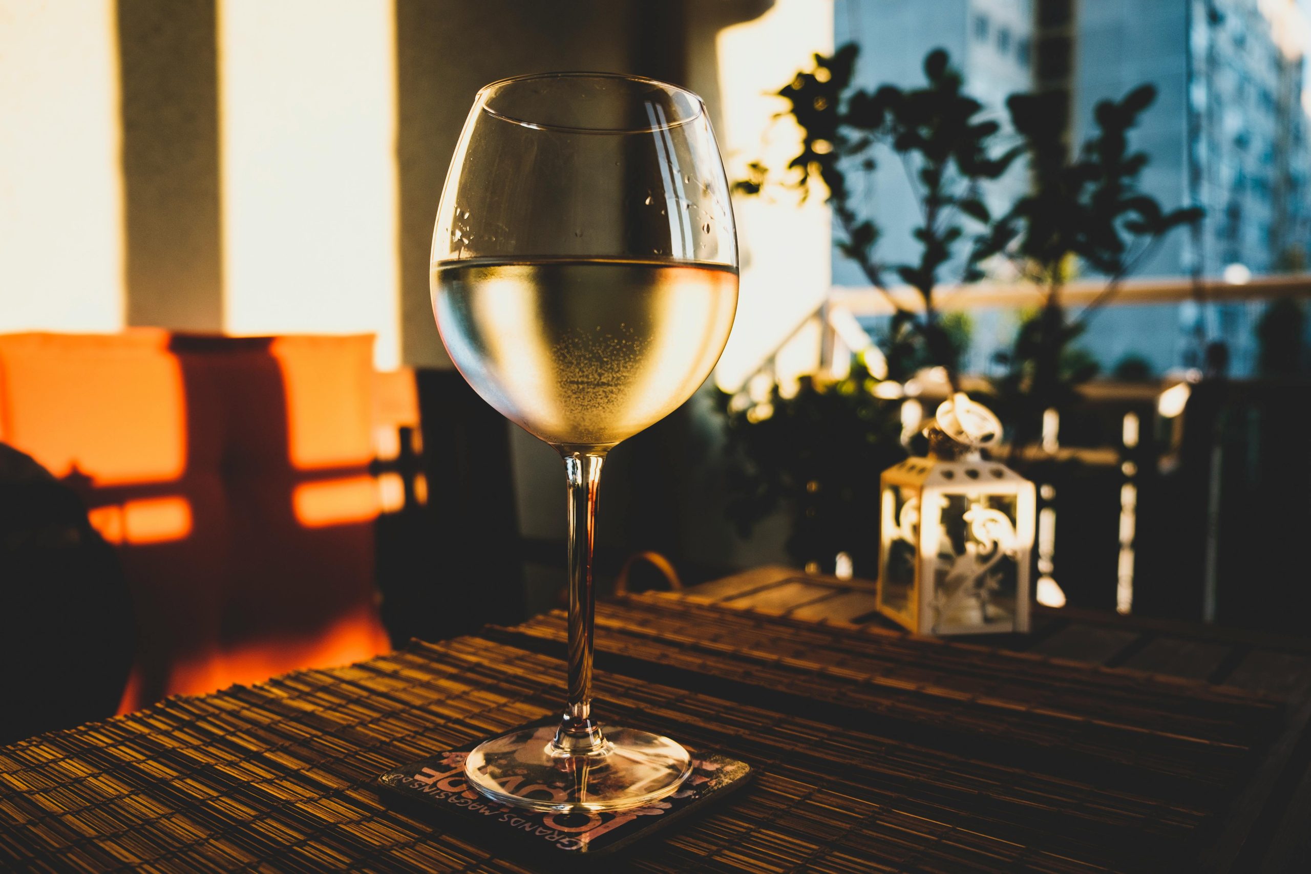 Accueil Close-up of a glass of white wine on a terrace with warm sunlight and decorative elements.